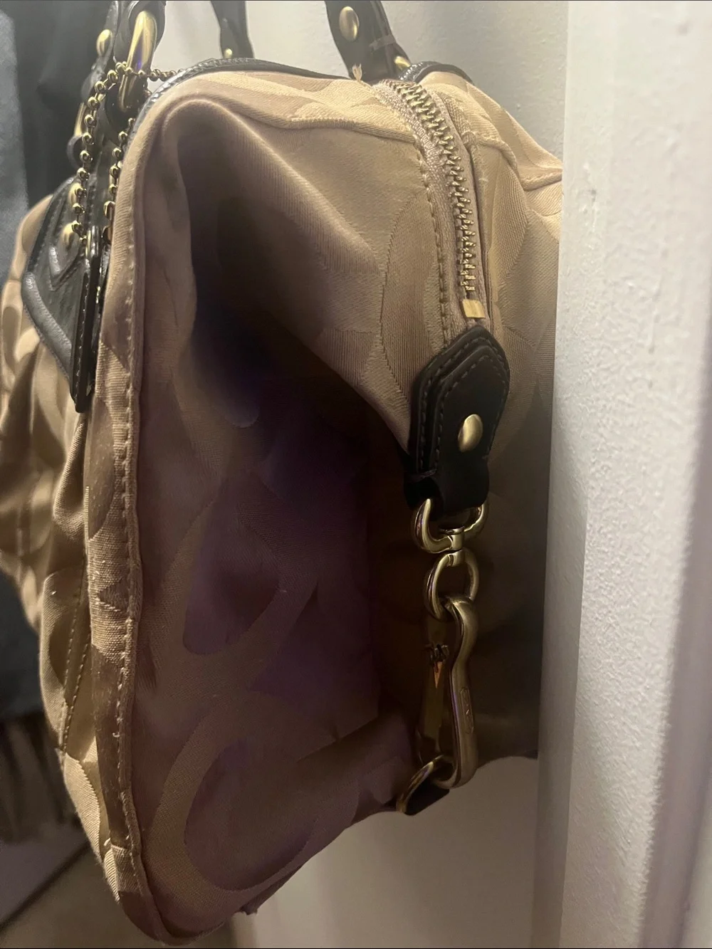 Coach Signature Shoulder Bag in Tan and Brown with Gold Hardware